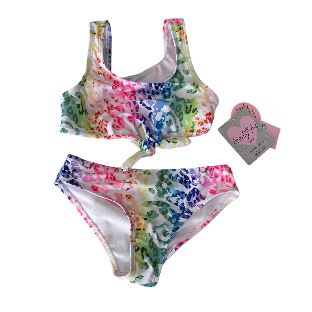 Freestyle Revolution Girl’s Leopard Tie-Hem 2 piece Bikini set  Size 4 NWT Multi